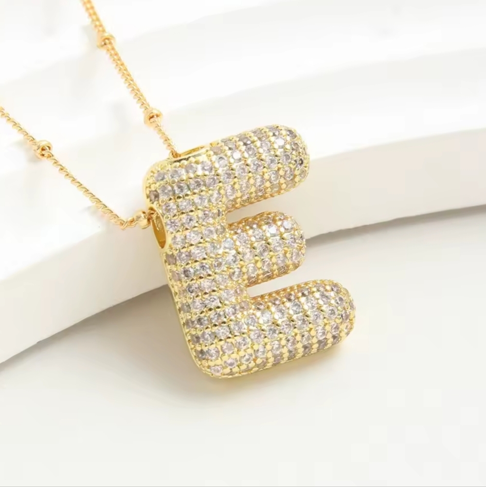 Gold Initial E Pendant Necklace, Bubble Letter Initial Charm Necklace